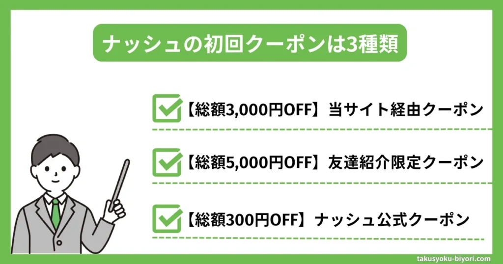 ナッシュの初回クーポンは3種類